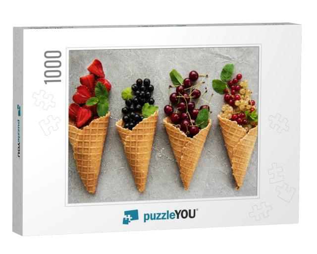 Ice Cream Cones with Berries on a Stone Background... Jigsaw Puzzle with 1000 pieces