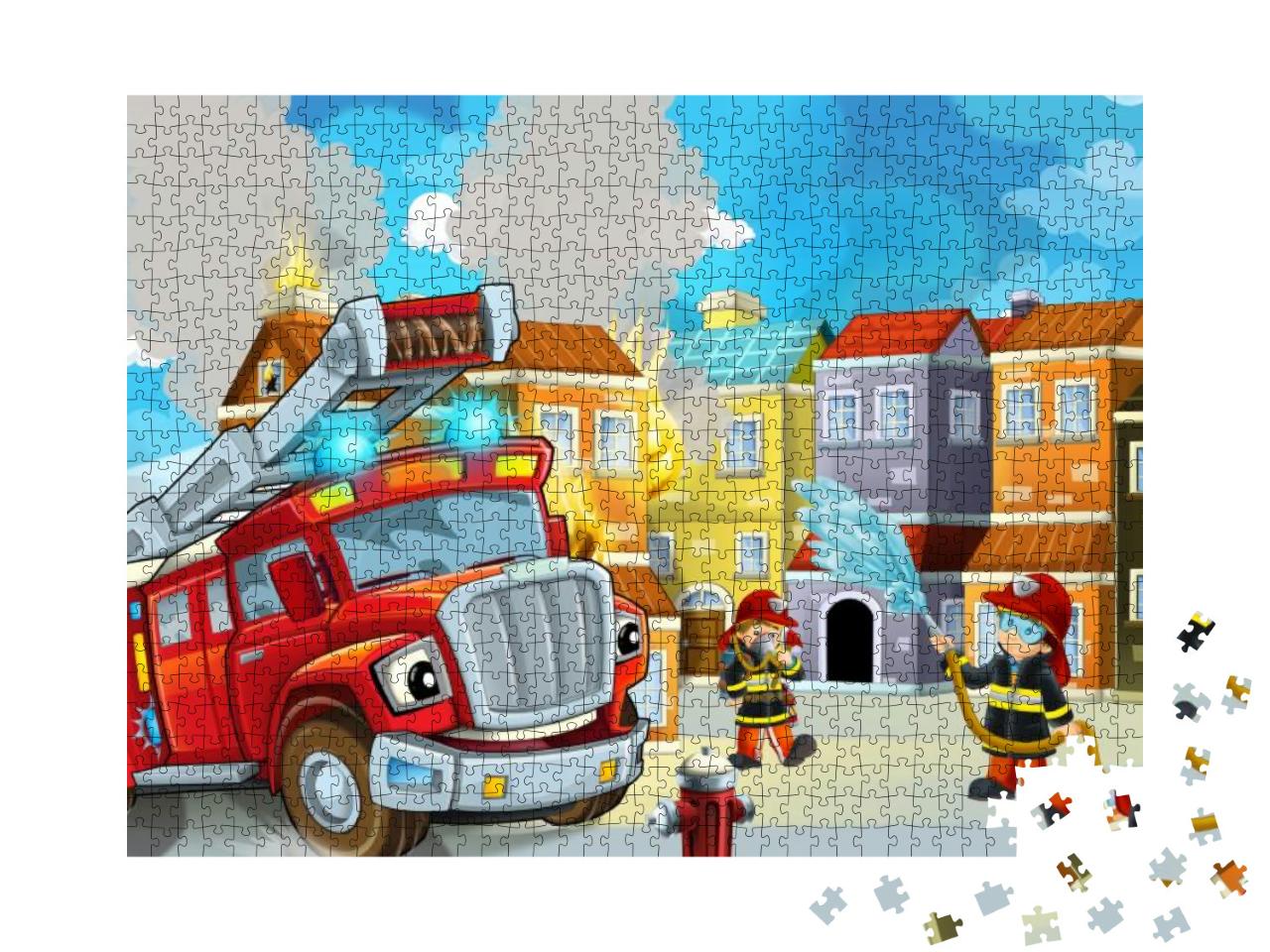 Cartoon Stage with Fireman & Fire Truck Near Burning Buil... Jigsaw Puzzle with 1000 pieces