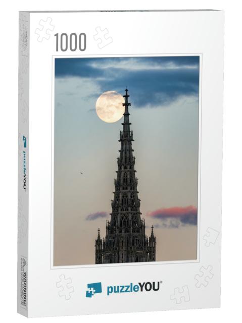 Top of Ulmer Minster with Full Moon Rise Behind It, Color... Jigsaw Puzzle with 1000 pieces