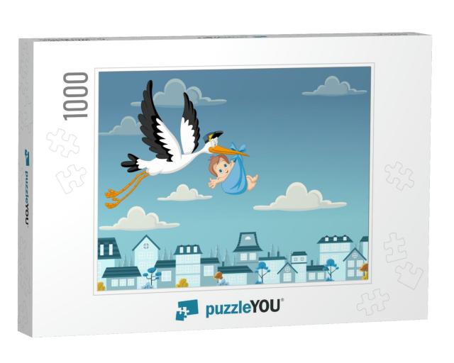 Cartoon Stork Delivering a Newborn Baby Boy... Jigsaw Puzzle with 1000 pieces