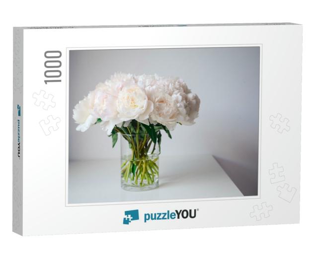 Delicate Bouquet of Fresh White Peonies in Glass Vase on... Jigsaw Puzzle with 1000 pieces