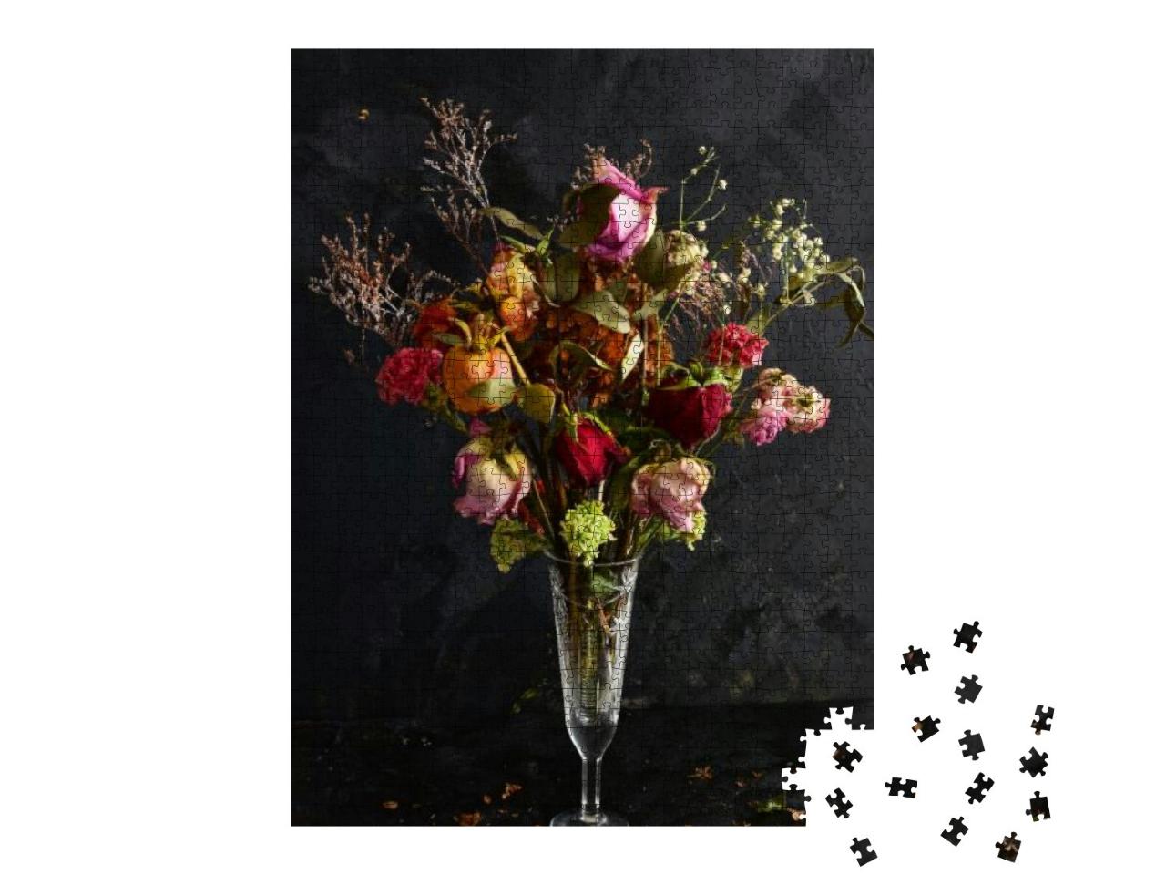 A Bouquet of Dried Flowers in a Crystal Vase Against a Bl... Jigsaw Puzzle with 1000 pieces