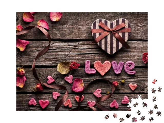 Word Love with Heart Shaped Valentines Day Gift Box on Ol... Jigsaw Puzzle with 1000 pieces