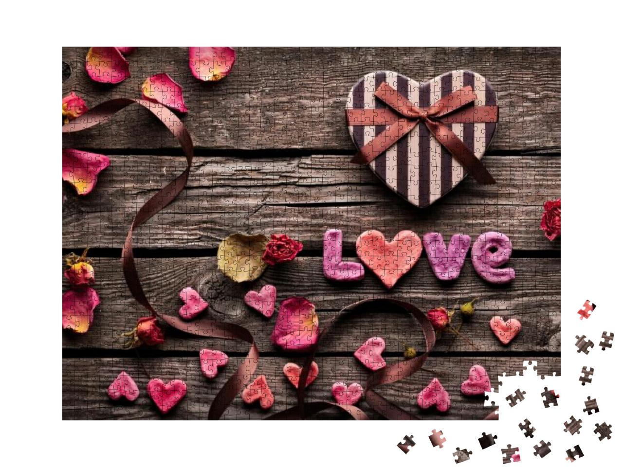 Word Love with Heart Shaped Valentines Day Gift Box on Ol... Jigsaw Puzzle with 1000 pieces