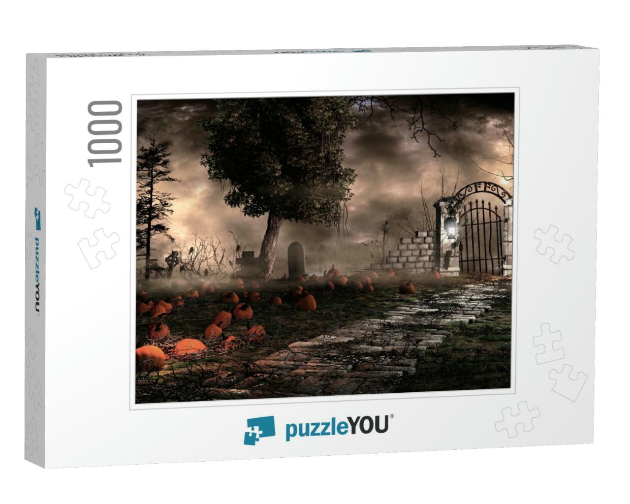 Gothic Landscape with Pumpkins & Tombstones. 3D Illustrat... Jigsaw Puzzle with 1000 pieces