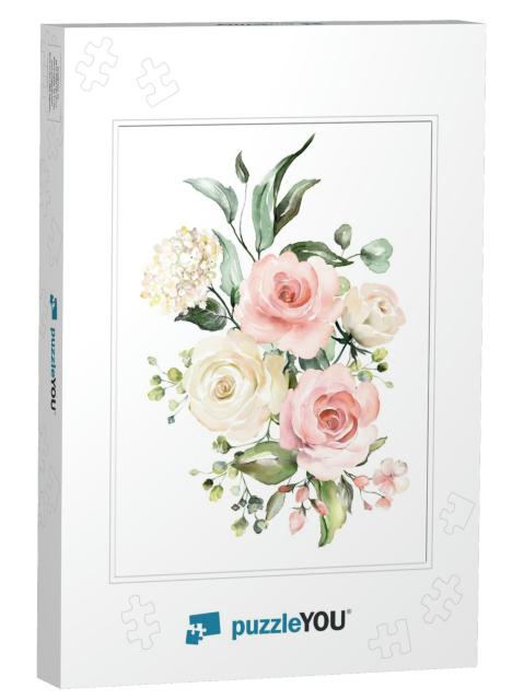 Watercolor Flowers. Floral Illustration, Leaf & Buds. Bot... Jigsaw Puzzle