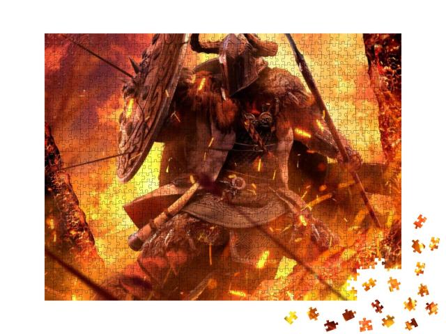 A Northern Warrior in Armor Made of Metal & Skins is Prot... Jigsaw Puzzle with 1000 pieces