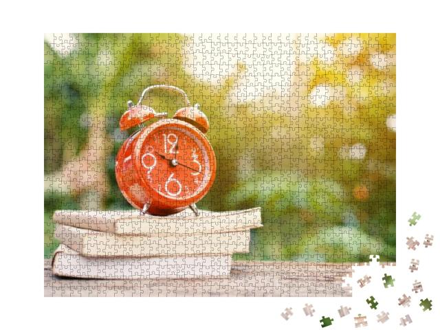 Red Alarm Clock & Book on Table... Jigsaw Puzzle with 1000 pieces