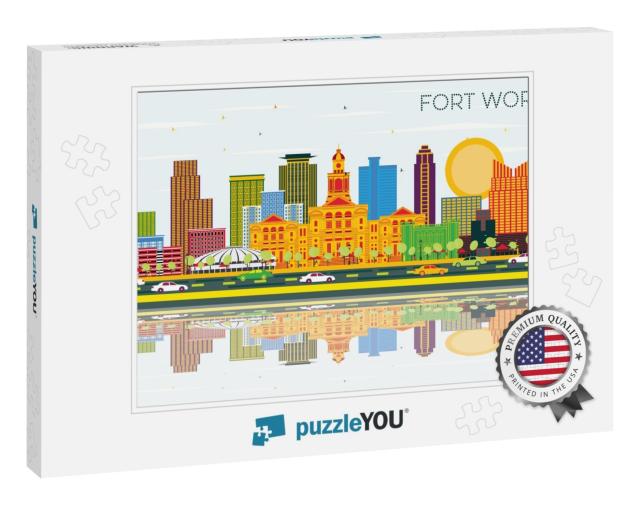 Fort Worth Texas City Skyline with Color Buildings, Blue... Jigsaw Puzzle
