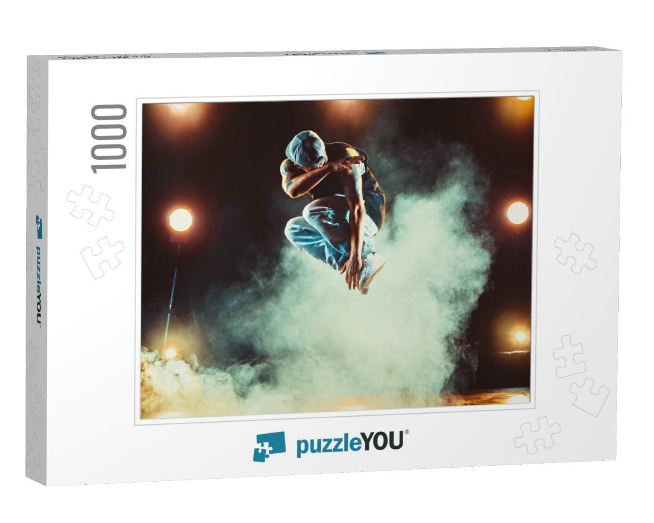 Young Man Break Dancing in Club with Lights & Smoke. Tatt... Jigsaw Puzzle with 1000 pieces