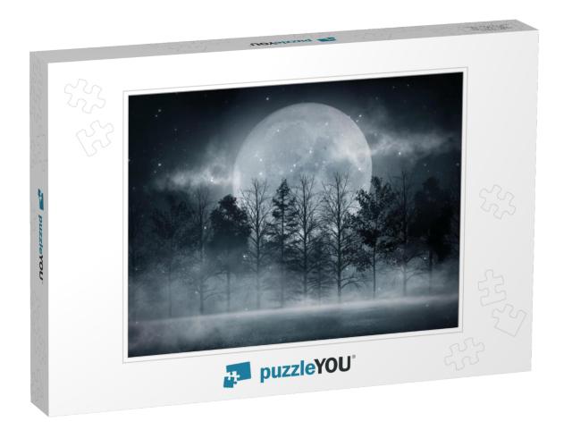 Dark Forest. Gloomy Dark Scene with Trees, Big Moon, Moon... Jigsaw Puzzle