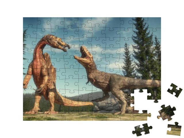 Fight Between Spinosaurus & T Rex on the Jurassic Valley... Jigsaw Puzzle with 100 pieces