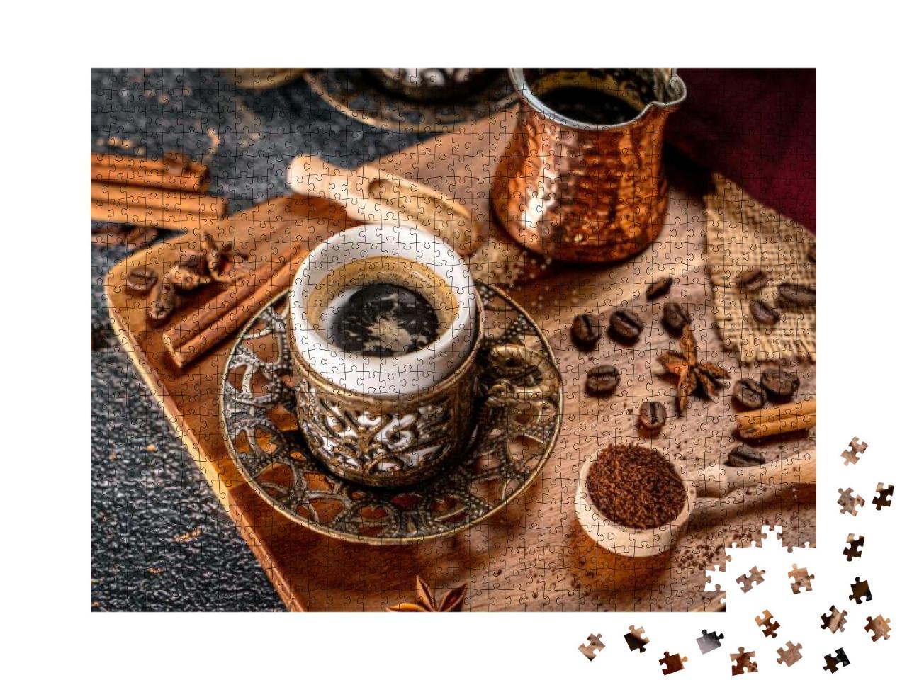 Cup of Turkish Coffee on Black Background with Spices, Co... Jigsaw Puzzle with 1000 pieces