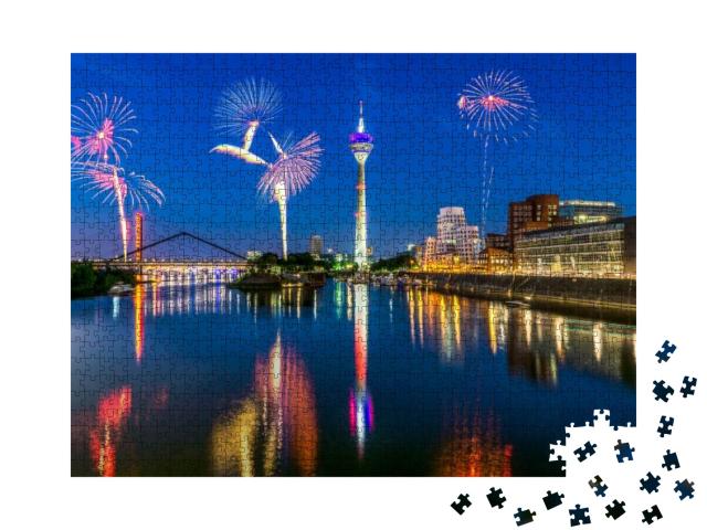 Firework in Dusseldorf Media Harbor. Japanese Day, New Ye... Jigsaw Puzzle with 1000 pieces