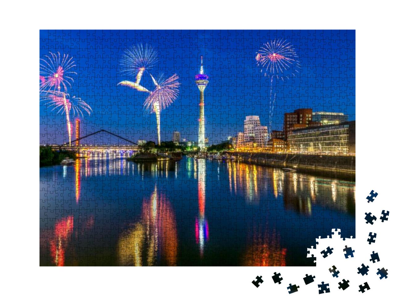 Firework in Dusseldorf Media Harbor. Japanese Day, New Ye... Jigsaw Puzzle with 1000 pieces
