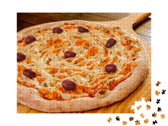 Pizza. Chicken Pizza with Catupiry Cheese & Olives on Woo... Jigsaw Puzzle with 1000 pieces