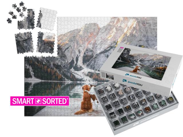 Two Dogs Stand on a Wooden Pier. Mountain Lake Braies. Bo... | SMART SORTED® | Jigsaw Puzzle with 1000 pieces