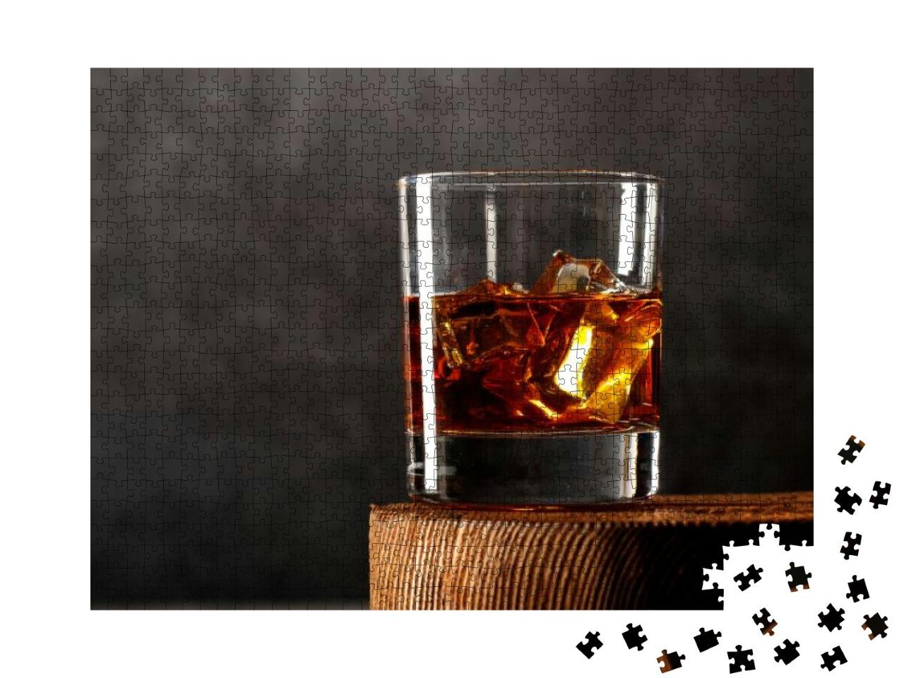 Whiskey with Ice or Brandy in a Glass on a Rustic Backgro... Jigsaw Puzzle with 1000 pieces
