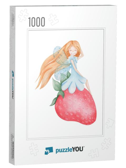 Watercolor Fairy on a Strawberry. Girl in a Blue... Jigsaw Puzzle with 1000 pieces