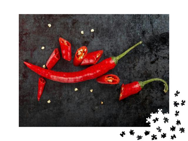 Chopped & Whole Pods of Red Chili Peppers on a Dark Backg... Jigsaw Puzzle with 1000 pieces
