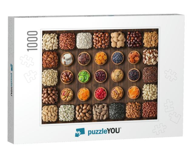 Mix Nuts & Dried Fruit on Table Background... Jigsaw Puzzle with 1000 pieces