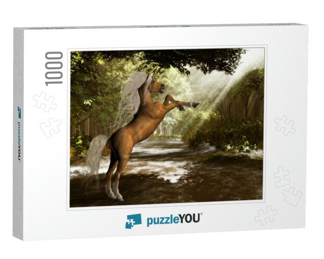 Forest Unicorn - a Palomino Colored Unicorn Rears Up Anno... Jigsaw Puzzle with 1000 pieces