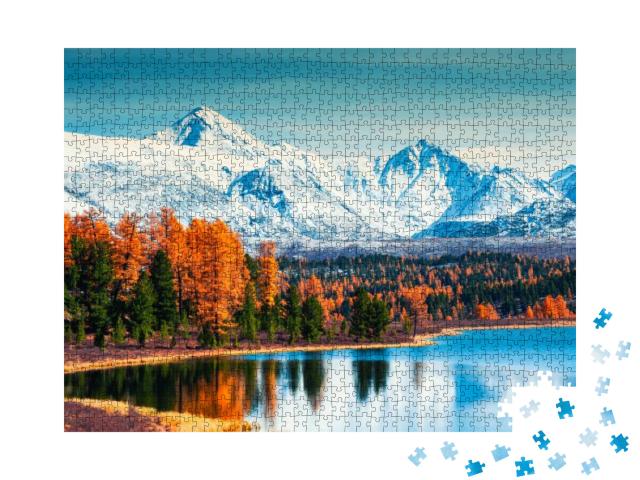 Mountains with Autumn Forest on Kidelu Lake in Altai Moun... Jigsaw Puzzle with 1000 pieces