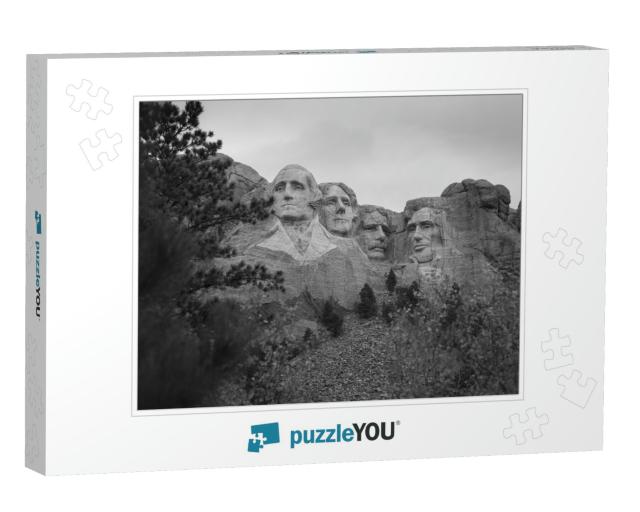A Greyscale Shot of Mount Rushmore in the Usa... Jigsaw Puzzle