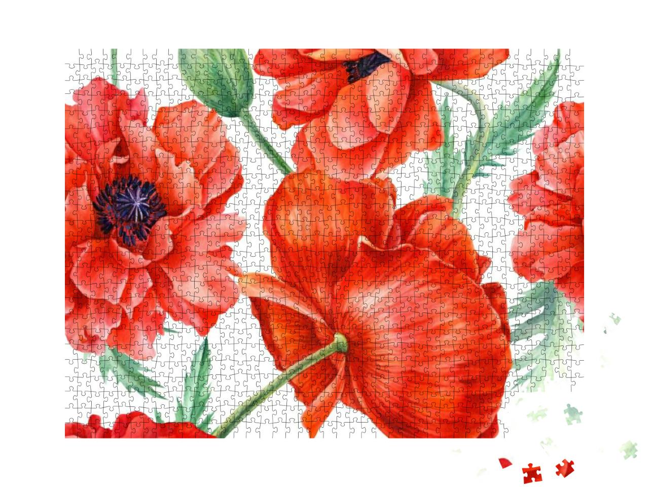 Red Poppies Flowers on Isolated Background, Watercolor Il... Jigsaw Puzzle with 1000 pieces