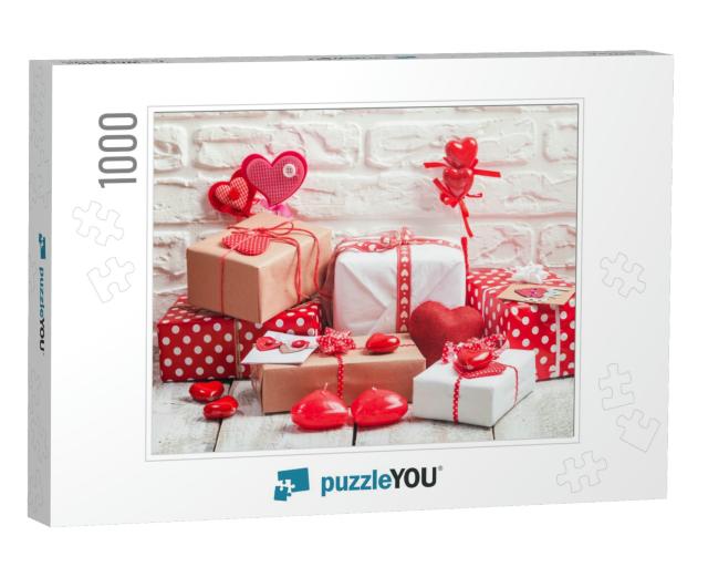 Valentines Day Gift Boxes with Heart on White Wooden Back... Jigsaw Puzzle with 1000 pieces