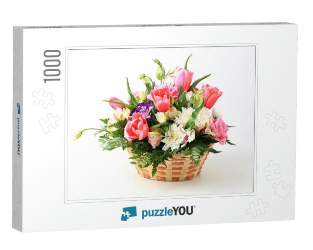 Basket of Flowers Isolated on White Background... Jigsaw Puzzle with 1000 pieces