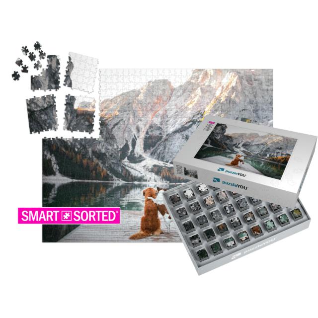 Two Dogs Stand on a Wooden Pier. Mountain Lake Braies. Bo... | SMART SORTED® | Jigsaw Puzzle with 1000 pieces