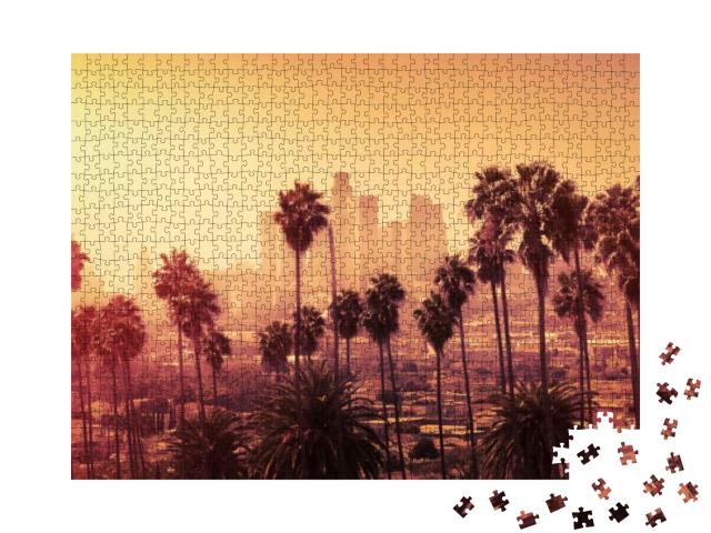 Beautiful Sunset of Los Angeles Downtown Skyline & Palm T... Jigsaw Puzzle with 1000 pieces