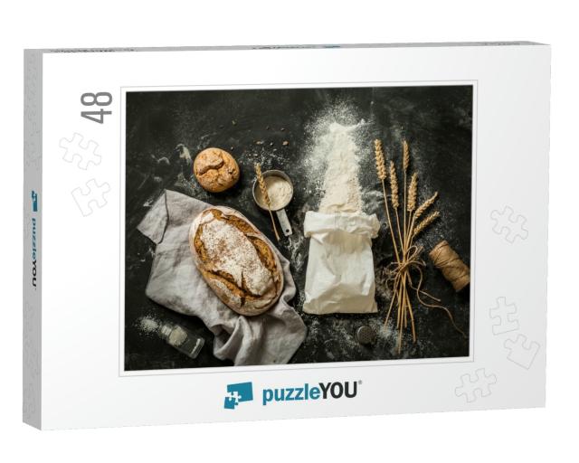 Rustic Bread, Flour Sprinkled from the White Paper Bag, M... Jigsaw Puzzle with 48 pieces
