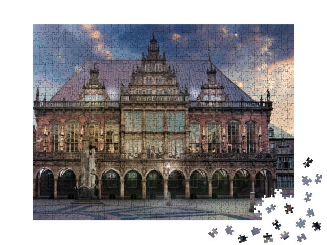 The Marketplace in Bremen with City Hall & Roland At Dawn... Jigsaw Puzzle with 1000 pieces