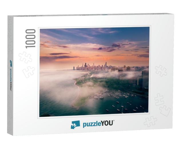 Chicago Foggy Cityscape Aerial View Lake Michigan... Jigsaw Puzzle with 1000 pieces
