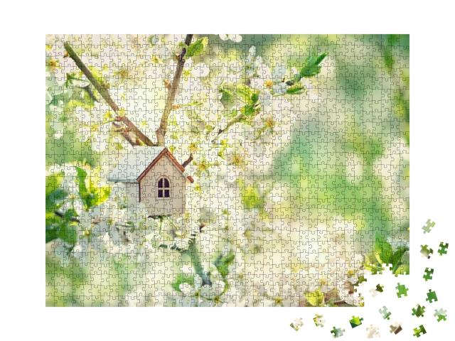 Toy House & Cherry Flowers. Spring Natural Background. Co... Jigsaw Puzzle with 1000 pieces