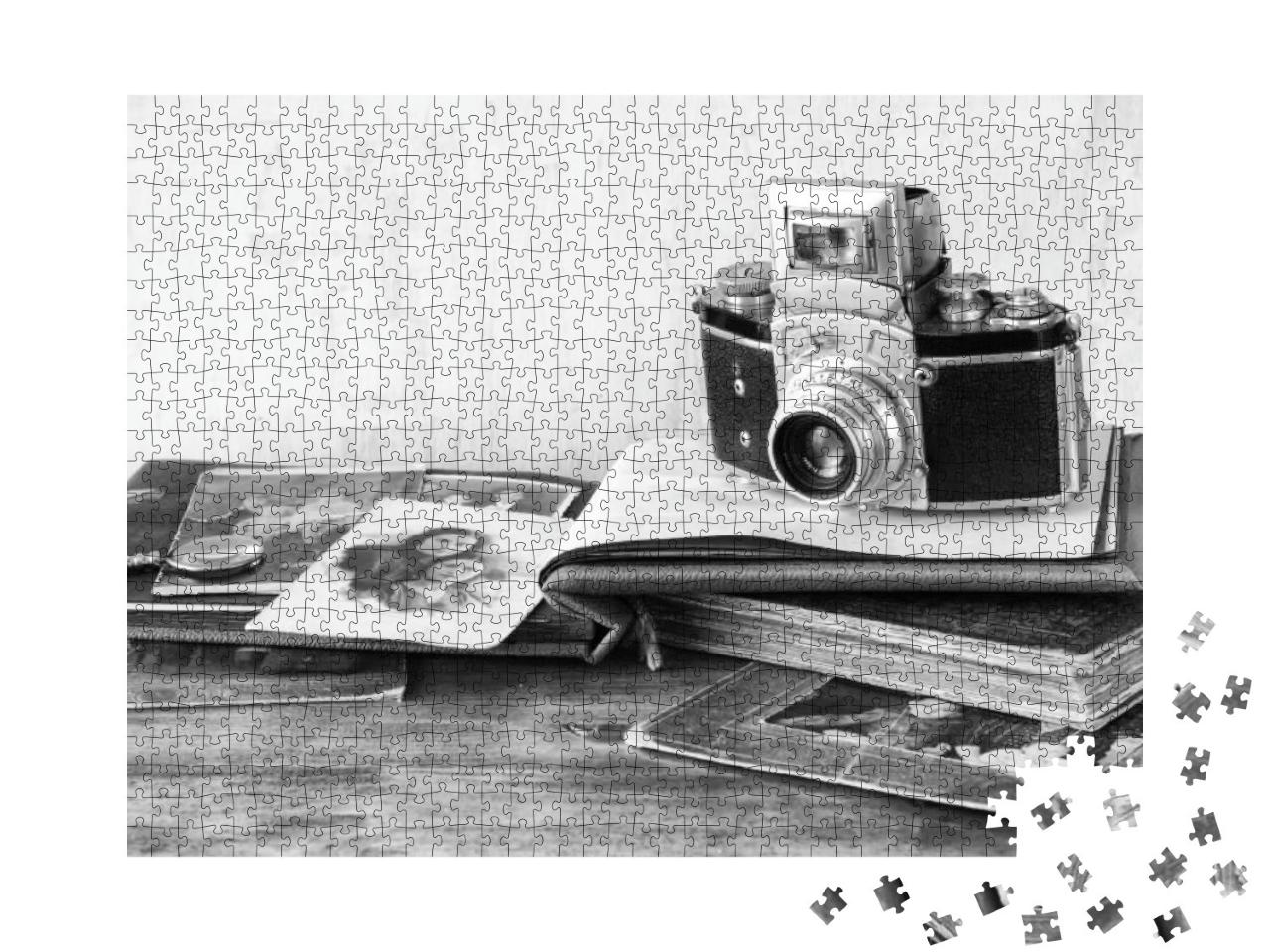 Vintage Camera, Antique Photographs & Books Over Wooden T... Jigsaw Puzzle with 1000 pieces