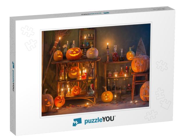 Halloween Decoration with Pumpkins & Magic Potions Indoor... Jigsaw Puzzle