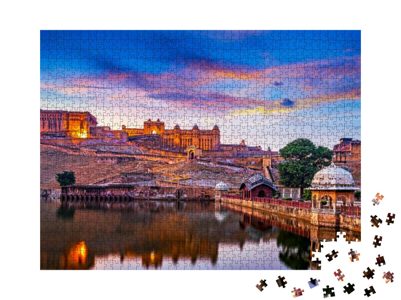 Amber Fort & Maota Lake At Sunset. Jaipur, Rajasthan, Ind... Jigsaw Puzzle with 1000 pieces