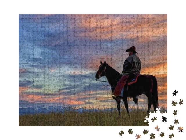 Montana Cowboy At Dawn, Digital Oil Painting... Jigsaw Puzzle with 1000 pieces