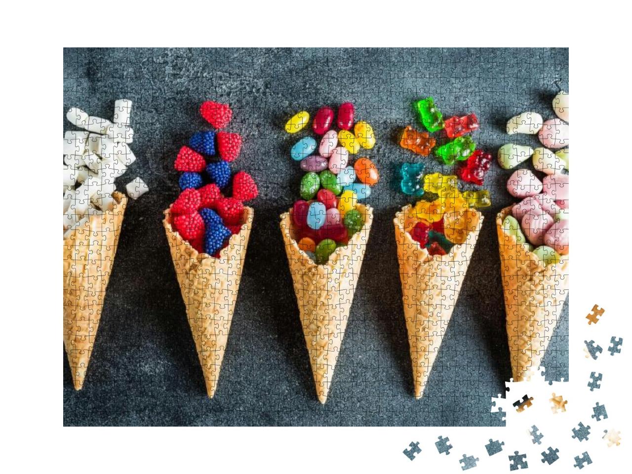 Colorful Candy in Waffle Cones. Summer Concept. Flat Lay... Jigsaw Puzzle with 1000 pieces