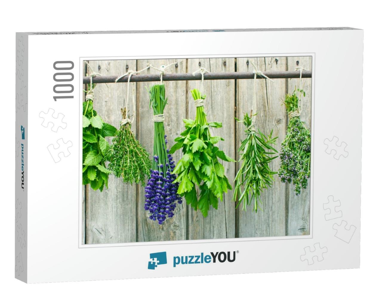 Various Fresh Herbs Hanging in Bundle on a Rod to Dry... Jigsaw Puzzle with 1000 pieces