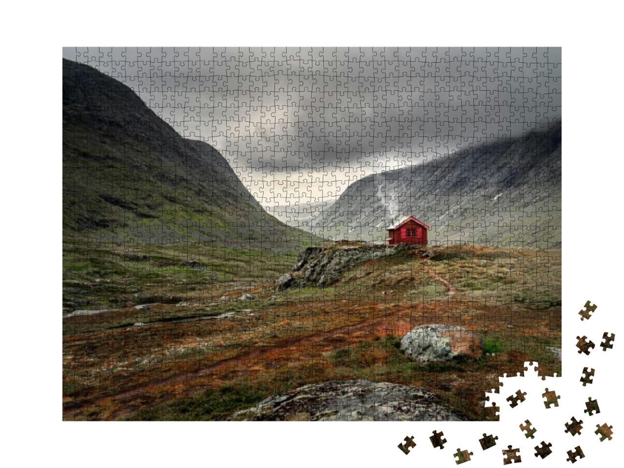 A Single Small Red Cabin Billows Smoke from Its T... Jigsaw Puzzle with 1000 pieces