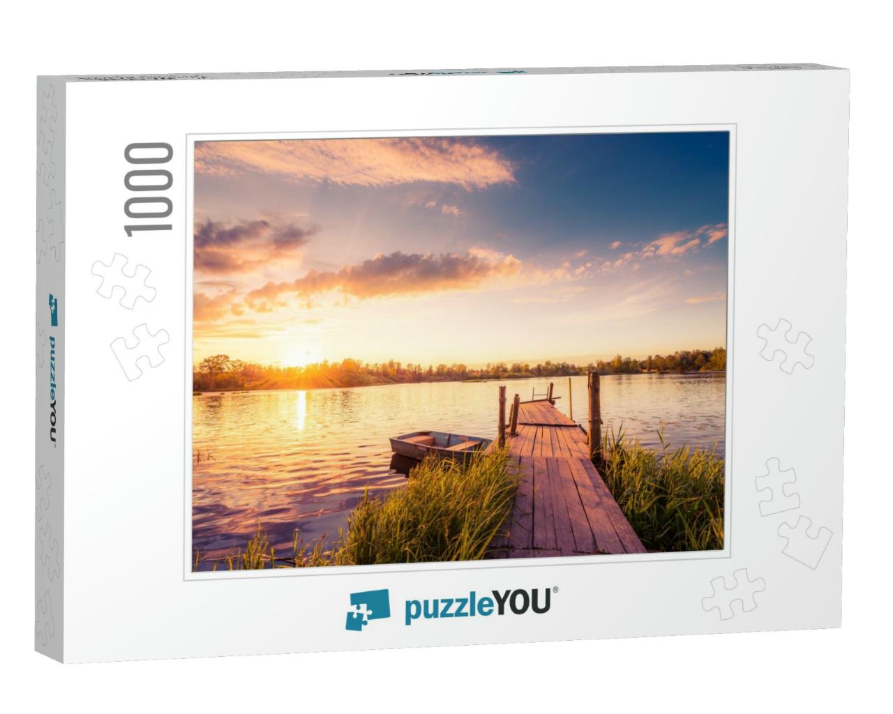 Sunset Over the Lake in the Village. View from a Wooden B... Jigsaw Puzzle with 1000 pieces