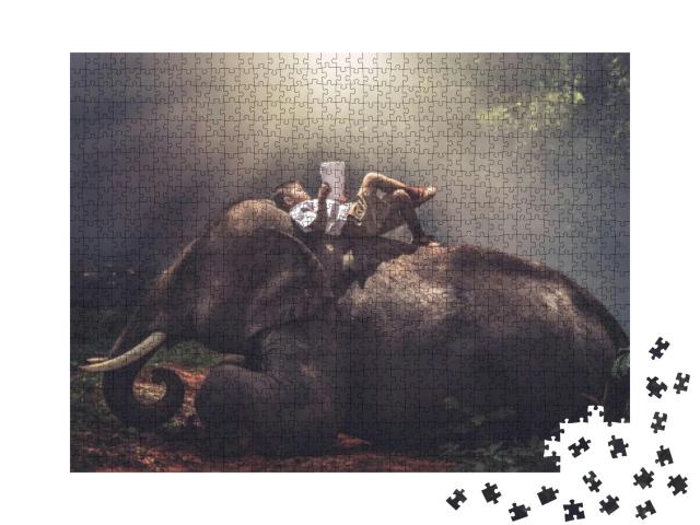 A Boy in a School Uniform Sleeping & Reading a Book on th... Jigsaw Puzzle with 1000 pieces