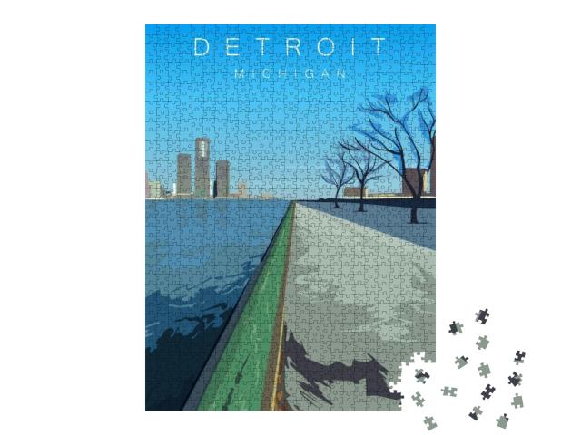 Detroit Modern Vector Poster. Detroit, Michigan Landscape... Jigsaw Puzzle with 1000 pieces