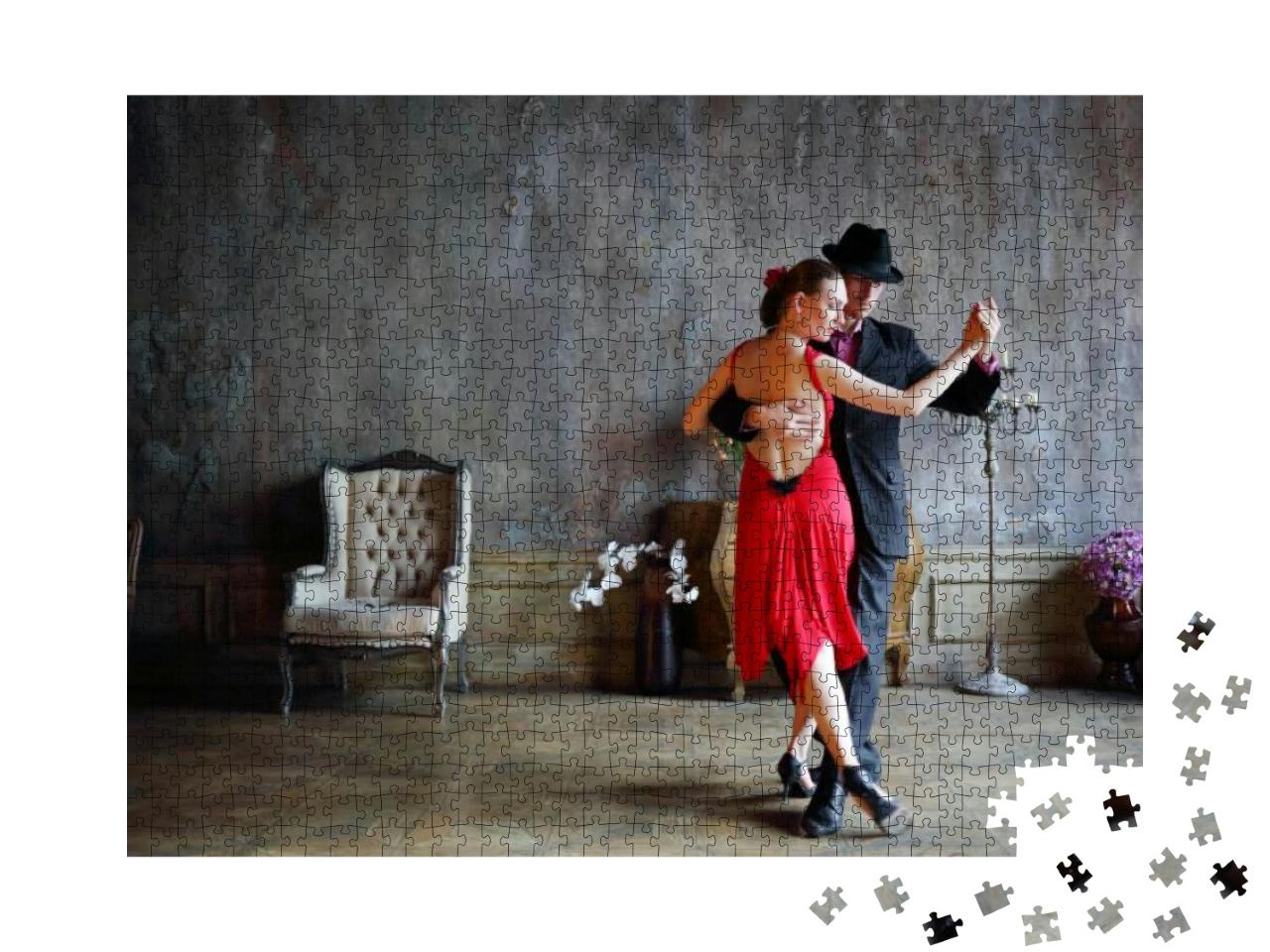 Young Pretty Woman in Red Dress & Man in Black Suit Dance... Jigsaw Puzzle with 1000 pieces