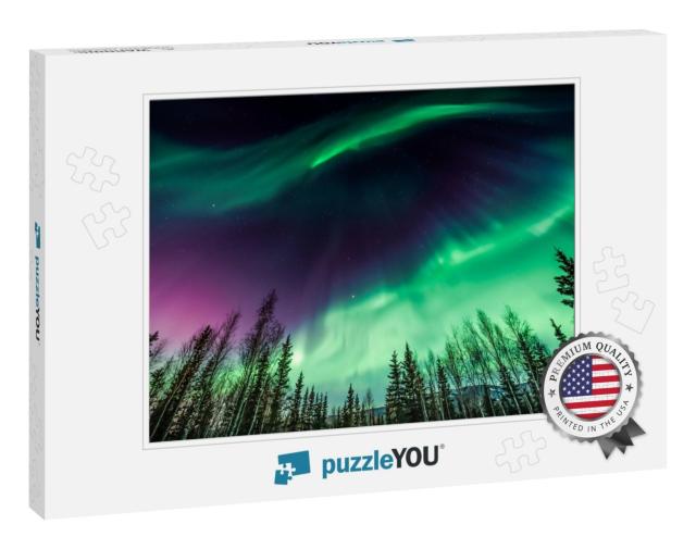 Purple & Green Northern Lights in Wave Pattern Over Trees... Jigsaw Puzzle