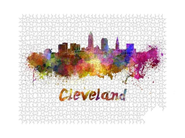 Cleveland Skyline in Watercolor Splatters with Clipping P... Jigsaw Puzzle with 1000 pieces